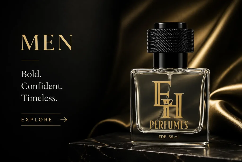 EH Perfumes Men's Collection luxury extrait de parfum with black cap bottle for bold, confident and timeless fragrances.