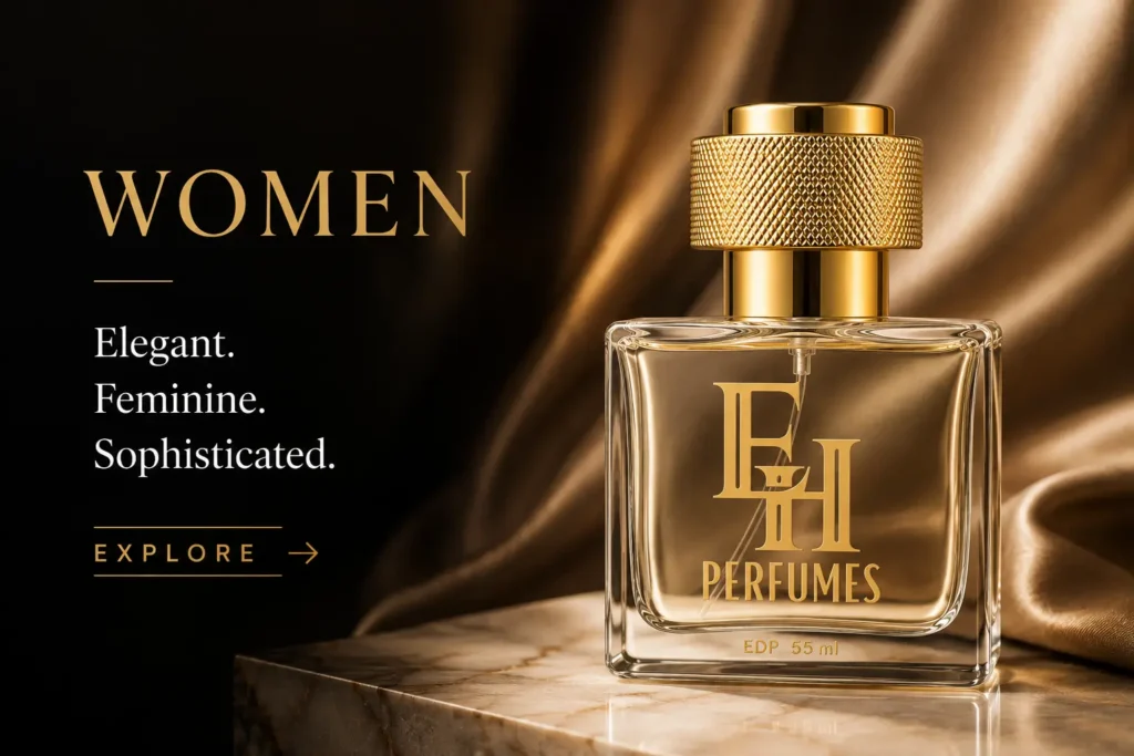 EH Perfumes Women's Collection luxury extrait de parfum with gold cap bottle featuring elegant and feminine fragrances.